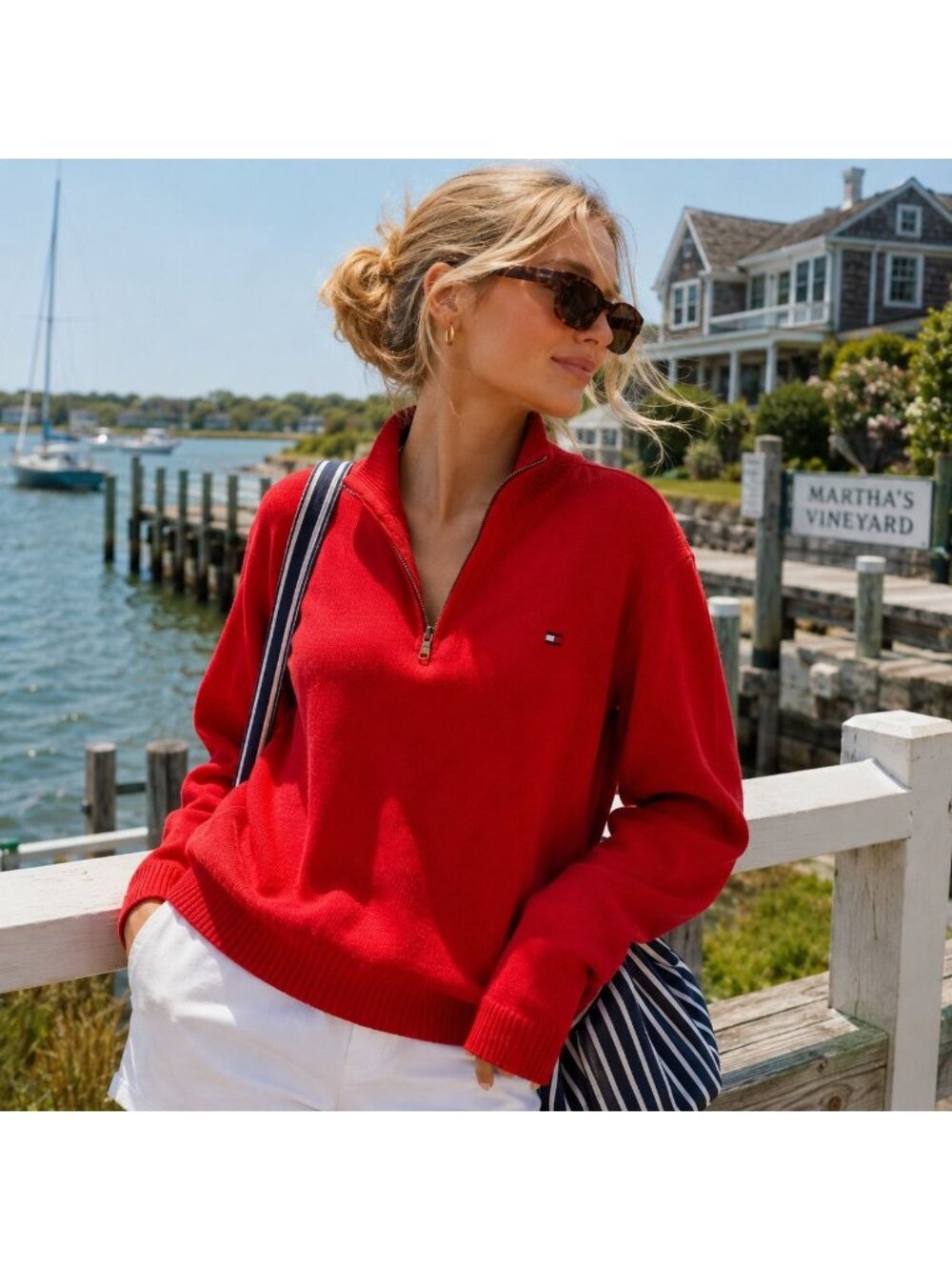 Tommy Hilfiger Women SP 1/4 Zip Pullover Preppy Nautical Americana Old Money